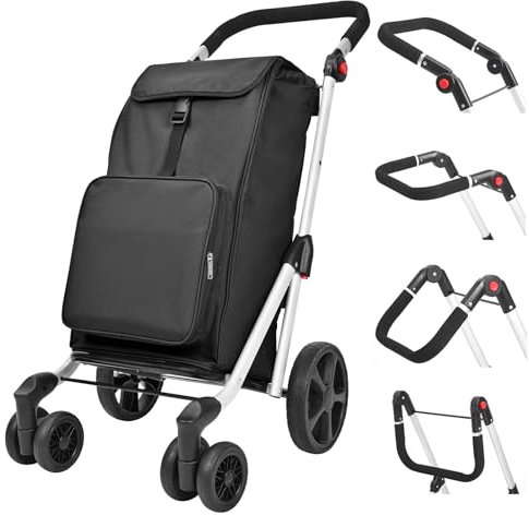 LEUYA ABC Grocery Trolley, 6-Wheel Aluminium Shopping Cart, 45L with Insulated Cooling Bag, Adjustable Handle, Folding Shopping Cart (Black)