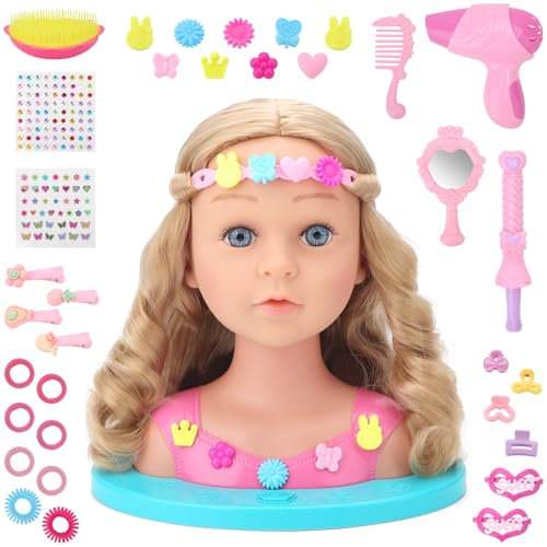 deAO Muñeca para Peinar, Juguete De Cabeza De Estilo con Luces, Busto Muñeca para Peinar y Maquillar con Accesorios, Princess Make-Up and Hairdressing Head, Set Peluqueria Juguete Niña