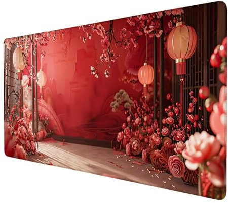 Schreibtischunterlage, Chinesischer Stil Mauspad XXL 120 x 60 cm, Erweitertes Gaming-Mauspad mit Genähten Kanten, Rutschfeste Wasserdichte Gummiunterseite Mauspad Laterne, für Zuhause, Gaming X-9