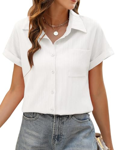 PASUDA Women's White XXL Loose Fit Button Down V-Neck Short Sleeve Blouse
