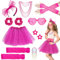 22Pcs Girls 80s Costume Accessories Set 1980s Fancy Dress Outfit with Tutu Skirt Fishnet Gloves Leg Warmers Bow Headband Necklace Bracelets Glasses for Kids 1980s Theme Party, Rose Red