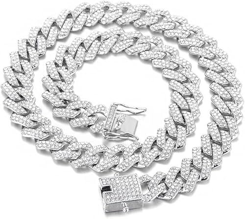QEXUJOW Ketten für Herren,55 cm Kubanische Kette Cuban Link Chain Iced Out Kette Halskette mit Strass Besetzte Halskette Punk Hip Hop Schmuck Hip Hop Schmuck für Männer Frauen