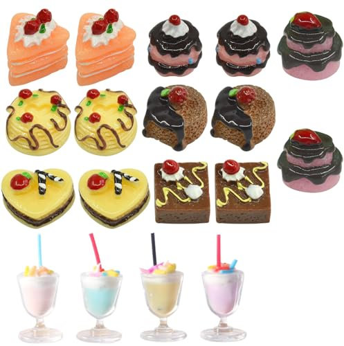 Miniatur Lebensmittel,18 Stück 1:12 Miniatur Essen und Trinken,Puppenhaus Zubehör Harz Mini-Lebensmittel Spielzeug Miniatur Lebensmittel Set für Geburtstagsgeschenk Mädchen Jungen Essen Party