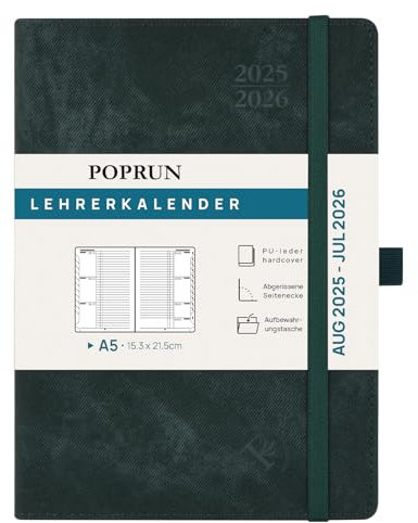 POPRUN Lehrerkalender 2025 2026 DIN A5 - Lehrerplaner 25/26 für die Unterrichtsvorbereitung mit Monatliches Register. Schulplaner mit PU-Leder Hardcover für Lehrerinnen und Lehrer - Dunkelgrün