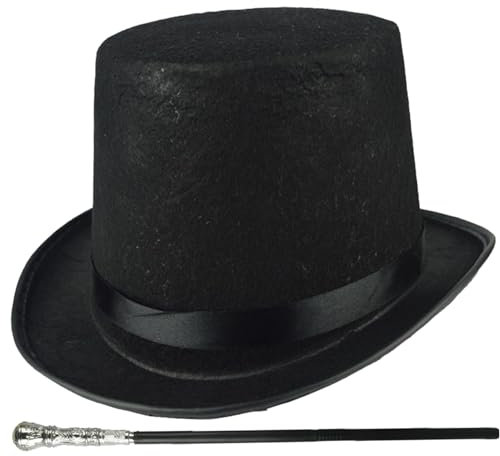 Rouloudun Top -Hutkostüm 2pcs/Set Halloween Top Hat & 31,5 Zoll Schwarzer Stock 1920er Herrenzubehör für Männer Frauen Magic Performance, Cosplay, Tanz, Weihnachtsbaumkostüm