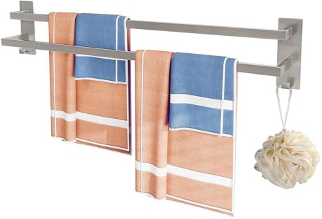 Giookuj Gästehandtuchhalter ohne Bohren Doppel 80cm mit Haken SUS304 Edelstahl Bürste Silber Handtuchhalter Selbstklebend Langlebig &Stabil Wand montiert Duschtuchhalter für Schlafzimmer, Bad, Küche