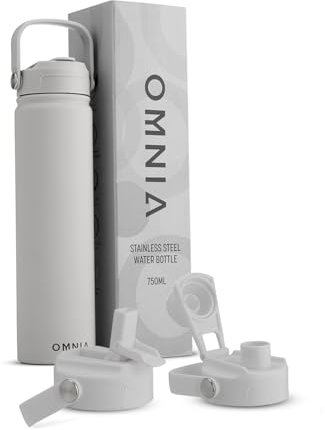 OMNIA Vacuum Insulated Stainless Steel Water Bottle, 2 Lids (Straw & Spout) Leakproof, BPA-Free, Reusable Flask, Hot & Cold Thermos for Sports, Gym, Travel, Outdoors (Stone Grey, 750ML)