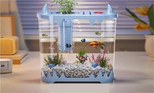 Aquarium de bureau avec filtre, aquarium pour débutants, matériaux plastiques sans changement d'eau, mini aquarium avec lumière tricolore (bleu)