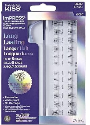 KISS imPRESS Falsies - Pestañas autoadhesivas de larga duración, 5 días de uso prolongado, 24 grupos de pestañas naturales (5, 6, 8, 10, 12 y 14 mm), aplicador antiadherente preciso