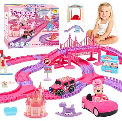 Rocky&Chao Circuit de Voitures Jouet 248 pièces avec poupée, Piste Flexible Rose avec Voitures, Jeu Enfant Fille dès 3 4 5 6 Ans P2026