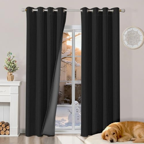Runyéla 100% Verdunklungsvorhänge Leinen Gardinen mit Ösen, Thermovorhang | 2er Set, H220xB140 Schwarz, Leinenoptik Vorhang Blickdicht, UV-Schutz Wärmeisolierend Schallschutz Schlafzimmer Wohnzimmer