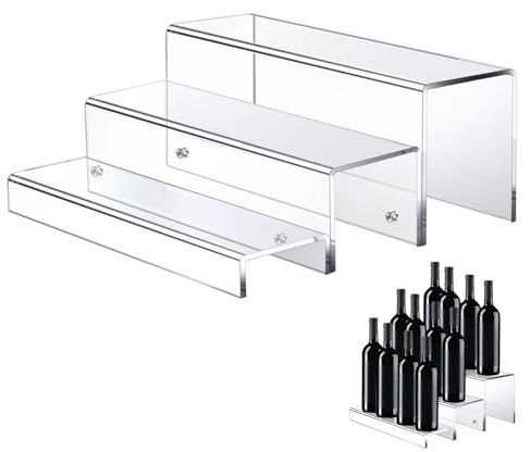 Acrylic Wine Bottle Rack – 3 Level Clear Liquor Display Stand, Tiered Organizer for Spirits Whiskey Vodka Bar Storage, Transparent Riser Enhancing Decor | Elegant Display Rack for Kitchen, Counter