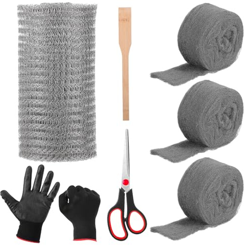 Otoolling Mesh Rodent Control Kit 1 Pack Rustproof Mesh Roll and 4 Pack 0000 Steel Wool Mouse Hole Filler with Wooden Stick, Gloves, Scissors for House Garden (5in X 14.8ft,Silver,Stainless Steel)