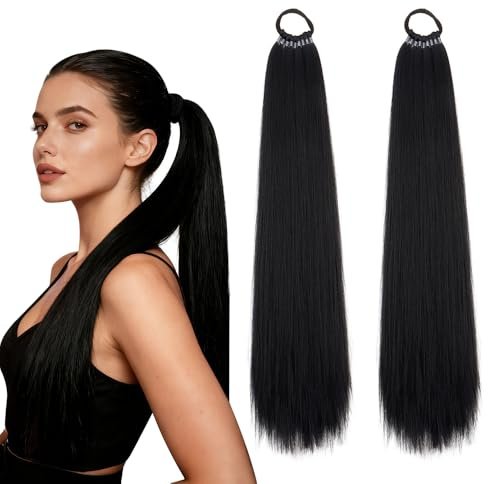 Ponytail Extension Schwarz, 2 Stück Zopf Extension Schwarz 50 cm, Synthetik Haarverlängerung Pferdeschwanz, Natürliches Glatte Haarverlängerung Zopf für Damen und Mädchen Täglicher Gebrauch