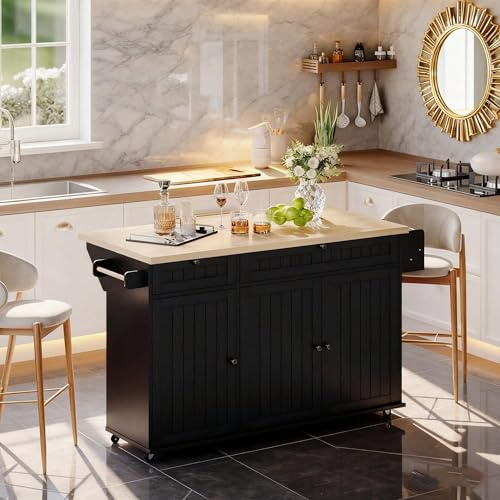 Mobiler Küchenschrank auf 6 feststellbaren Rollen in Weiß – Mit 2 Schubladen, Schrank, Ablage & Türregal (137x89,5x45 cm) (Natural+Black + MDF + European)