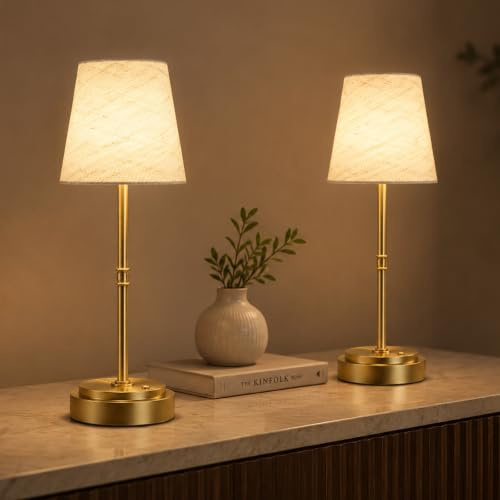 Litluzecozy Rechargeable Table Lamps Set of 2, 6000mAh Each, Cordless, Gold | Balanced Light For Two Sides, 3000K Warm Glow, Independent 5%-100% Dimming, 12-36H Per Lamp, Linen Shades