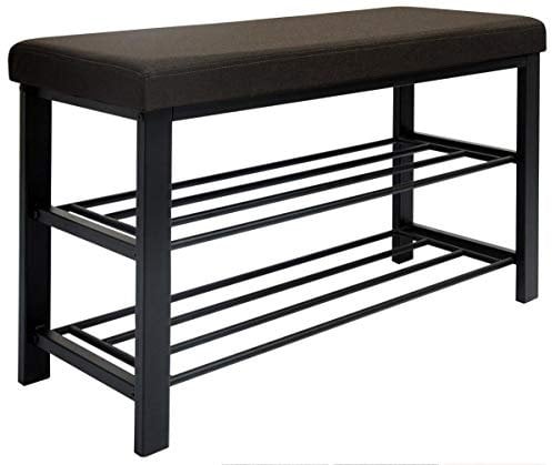 DuneDesign Schuhbank mit Sitzfläche - 81x32x50 Schuhregal Metall - Schuhschrank mit Sitzbank - Schuhkommode Flur Bank mit Stauraum - Schuhsitzbank mit Polster - Kleine Polsterbank für Garderobe Braun