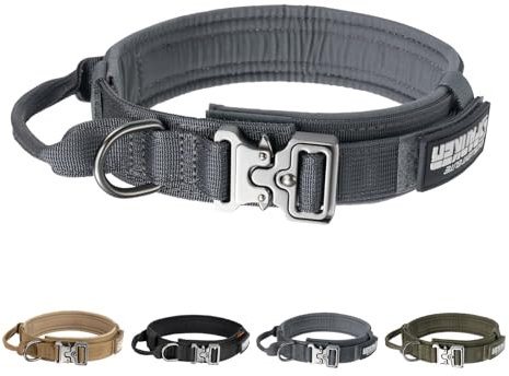 EXCELLENT ELITE SPANKER Taktisches Hundehalsband Nylon Verstellbares Trainingshalsband Heavy Duty Metallschnalle mit Kontrollgriff für mittlere und große Hunde mit Patches(Gry-XL)