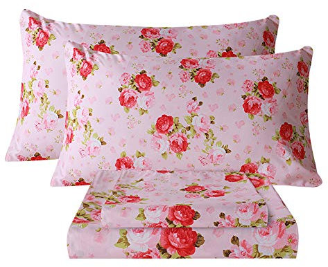 Bedlifes Full Sheet Set Ultra Soft, Breathable, Silky Flower Deep Pocket 100% Microfiber Bedding, 4 Piece Full Size Pink Floral(Red Rose)