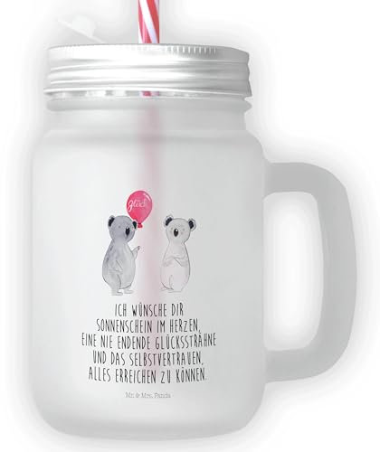 Mr. & Mrs. Panda Trinkglas Mason Jar Koala Luftballon - Geschenk, Geburtstag, Retro-Glas, Strohhalm Glas, Mason Jar Trinkglas, Koalabär, Sommerglas,