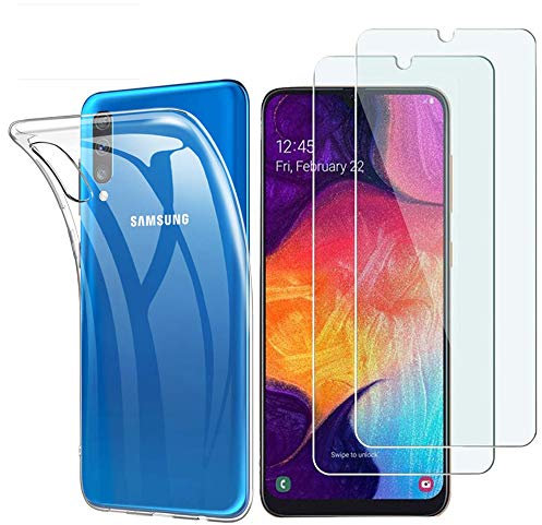 Samsung Galaxy A50 Panzerglas Hülle, [1 Handyhülle 2 Panzerglas] Schutzhülle [Ultra Dünn] Folie Glas 9H Panzerglasfolie TPU Silikon Case Cover Tasche Schale Transparent Crystal für Samsung Galaxy A50