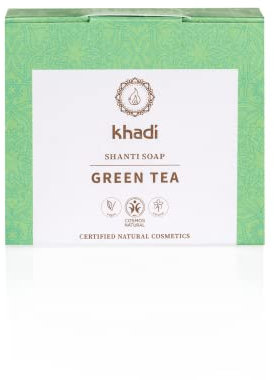 khadi GREEN TEA Shanti Soap Seife, Naturseife mit pflegendem Trauben-Öl, grünem Tee & Aloe Vera, 100% natürlich, pflanzlich, vegan, silikon- & sulfat-frei, Zertifizierte Naturkosmetik,100g
