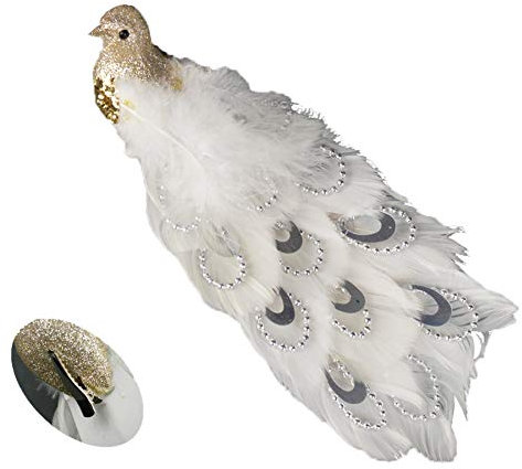 Davies 21cm Long Beaded Tail Peacock Clip on Bird Christmas Tree Decoration - Gold