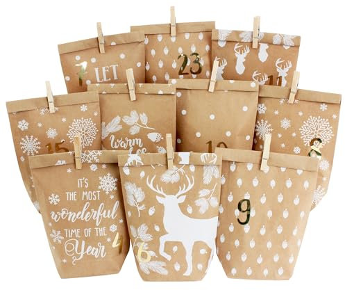 Papierdrachen Adventskalender zum Befüllen - 24 bedruckte Geschenktüten und 24 Zahlenaufkleber und Klammern - Motiv Cozy Winter weiß - zum Basteln und Verschenken - Weihnachten