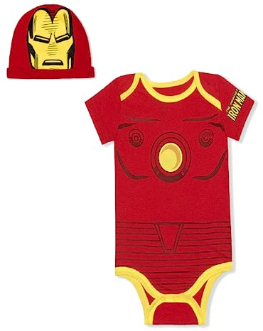 Avengers Short Sleeve Onesie with Cap, Ironman Bodysuit, Baby Costume Romper, Red, Size 6M