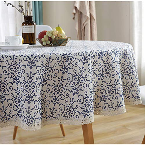 Runde Tischdecke Abwaschbar Baumwolle Leinen Tischtuch, Treer Staubdicht Pflegeleicht Tischdecken mit Spitze Blaue und weiße Porcelain Muster für Home Küche Tischdekoration (Blau,Durchmesser 120cm)