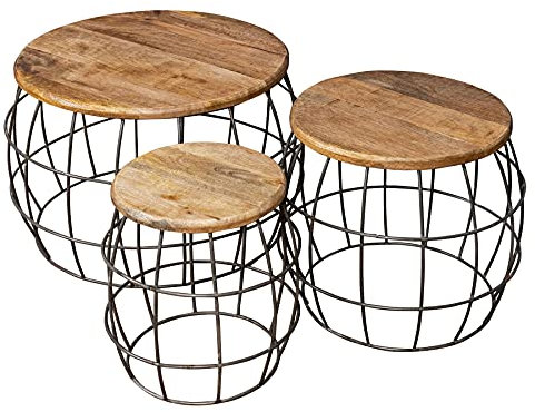 levandeo 3er Set Couchtische Mango Rund Natur Eisen Schwarz Design Holz Beistelltisch Industrial Deko Tisch