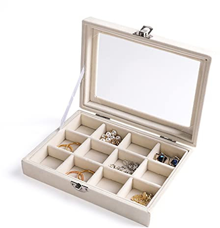 Frebeauty Schmuck-Organizer-Tablett mit transparentem Deckel, Samt-Schubladeneinsatz, Schmuck-Aufbewahrungsbox mit transparentem Deckel, Schmuckvitrine,Geschenk für Frauen (Beige, 12 Fächer)
