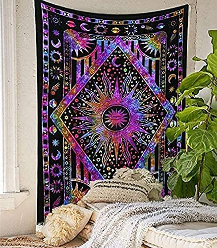 raajsee Sonne und Mond Wandteppich Mandala Tie dye, Boho Wand Deko Wandtuch, Aesthetic Room Décor Tapisserie,Wandbehang Tapestry Queen 82x92 inches