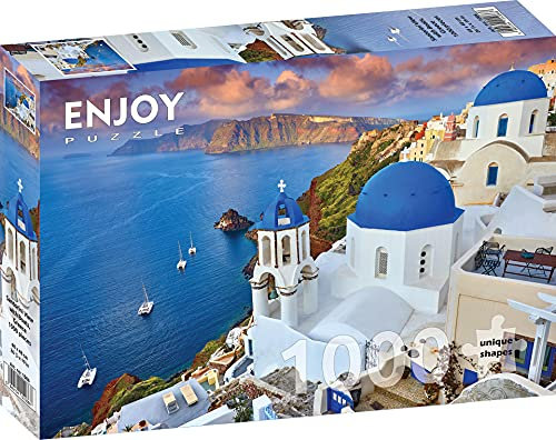 1000 Pieces Jigsaw Puzzle for Adults – Matte Finish, Soft Touch, Sturdy and Unique Pieces, Tight Fit, Vivid Colors, Missing Pieces Service – Santorini Idyllic Greek Island Landscape – by ENJOY Puzzle