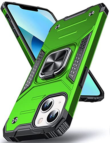 DASFOND Designed for iPhone 13 Case, Military Grade Shockproof Protective Phone Case Cover with Enhanced Metal Ring Kickstand [Support Magnet Mount] for iPhone 13 6.1 inch, Grass Green