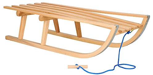 SPRINGOS Holzschlitten Kinderschlitten mit Zugseil 89 cm Buchenholz Metallkufen