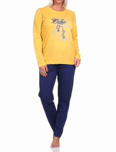 Damen Langarm Schlafanzug Pyjama mit Frontprint - 212 201 10 900, Farbe:gelb, Größe:44-46