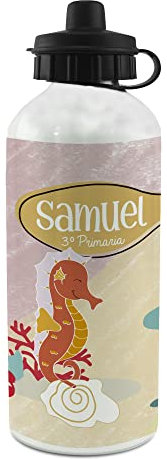 LolaPix Botella Agua Pajita. Botella Personalizada. Botella Agua Niños. Botella Aluminio Personalizada. Con 2 Tapones Cierre. Caballito Mar Infantil