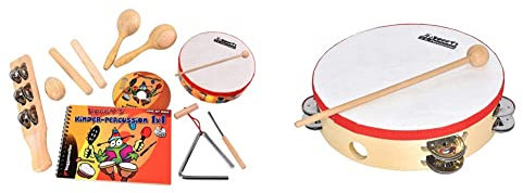 Voggenreiter 526 - Voggy's Kinder-Percussion-Set & Voggy’s großes Tamburin mit Schellenkranz Klangspielzeug Instrument Kinder (12 Schellen, Kunststoff-Fell, Griffloch, 225 x 55 mm), braun