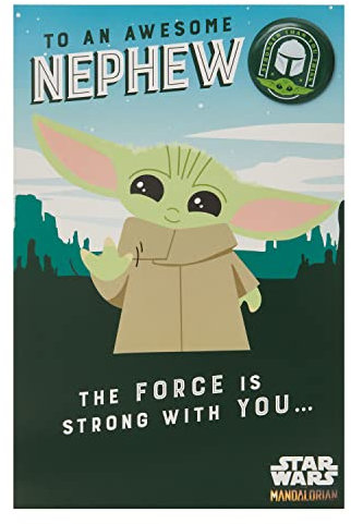 UK Greetings Disney The Mandalorian Geburtstagskarte für Neffen mit Umschlag, Kinderdesign mit Grogu Baby Yoda und Abzeichen, mehrfarbig, 149 mm x 229 mm