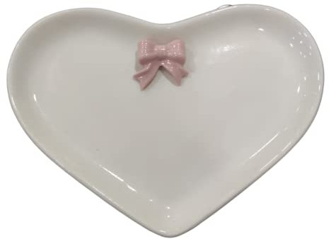 Piatto/Vassoio/Svuotatasche a forma di cuore con fiocchetto rosa in porcellana cm 22x18