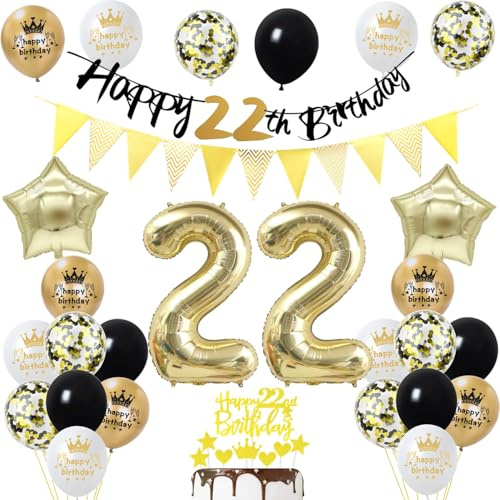 22 Geburtstag Mann Frauen Deko, Gold Schwarz Party Deko 22. Geburtstag männer Frau Luftballons Zahl 22 Geburtstag Tortendeko Happy 22 Birthday Banner Geburtstagsdeko 22 jahre Mann Frauen ballon
