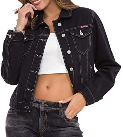 Cipo & Baxx Damen Jacke WJ212 Schwarz – Stylische Jeansjacke im Casual Streetwear Look mit Knopfleiste & Brusttaschen – Übergangsjacke für Alltag & Freizeit – WJ212 Schwarz L