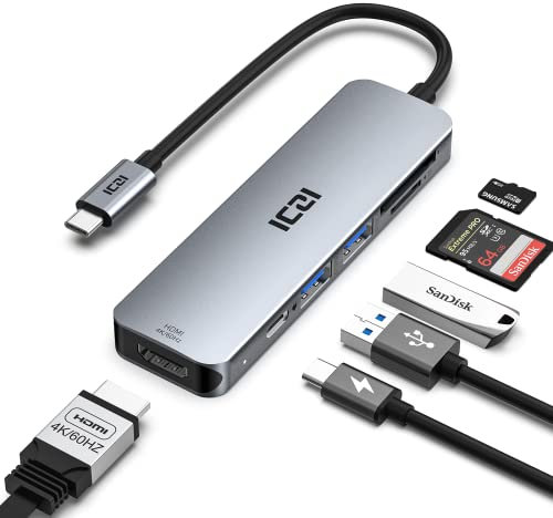USB C Hub, USB-C Hub 4K@60Hz HDMI, ICZI 6 in 1 USB C auf HDMI USB C Adapter mit HDMI, 2 USB 3.0 Ports, SD/TF Kartenleser, 100W USB-C PD USB Hub für Mac/MacBook Pro/Air Laptops und mehr