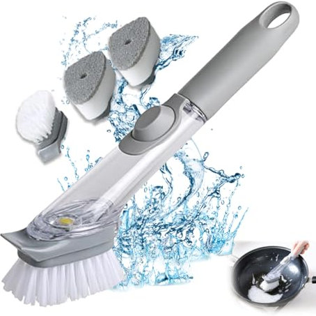 Plstod Cepillo Limpieza Hogar, Estropajo Jabonoso 3 en 1 con, Cepillo para Platos con Mango, Dispensador de Multifuncional con 3 Cepillos de Repuesto para Limpieza de Platos, Cacerolas, Fregadero