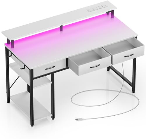 Rolanstar Scrivania con Cassetti Led, Postazione Gaming con 2 Prese di Corrente e 2 Porte di Ricarica USB, Scrivania Gaming con Supporto per Monitor & Ripiani Regolabili per Ufficio(Bianca, 120cm)