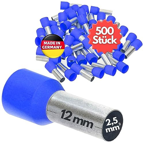 Kalitec 500 Férulas Aisladas de 2,5 mm², 12 mm, Azul, Cobre Estañado | Terminales para cable AWG 14, certificación UL para industria y camping, ideales para conexión segura con alicates de engarce