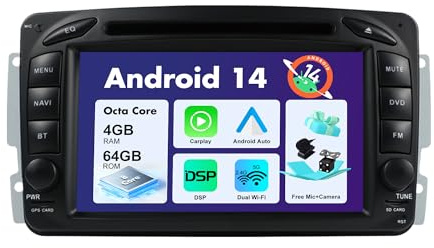SXAUTO Android 14 Autoradio für Benz ML W163/CLK W209/C-Class W203 /SLKW170/E-Klasse W210/A-Klasse W168 - Eingebaut Carplay/Android Auto - Kamera + MIC - 4G+64G - DAB 360-CAM SWC Fast-Boot - 2 Din