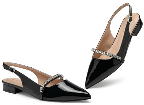 Zhabtuc Slingback da Donna con Scarpe a Punta con Strass per Scarpe Eleganti da Donna, Vernice Nera, 40 EU