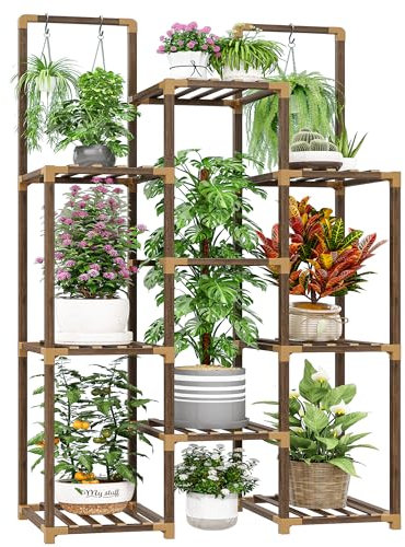 EnHomee Doppelstab-Pflanzenständer für den Innenbereich, 5-stufiger Holz-Pflanzenständer mit 8 Topfpflanzenhaltern, Tragkraft 163 kg, 86 cm B x 30 cm T x 120 cm H